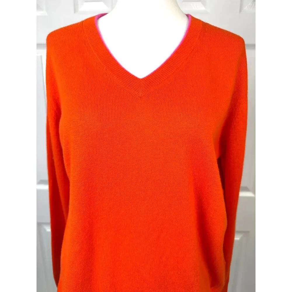 Zaket & Plover Cashmere Cotton Sweater Small Orange V-Neck Colorblock Accent